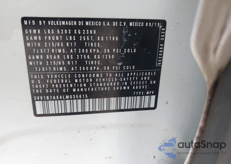 2020 Volkswagen Tiguan 2.0T S из США, поврежденный, VIN 3VV1B7AX4LM035615